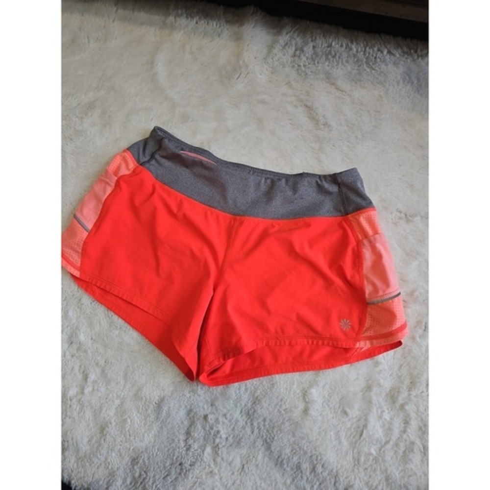 Athleta Shorts Womens Small Orange‎ Gray Running Lined Mid Rise High Vis Neon